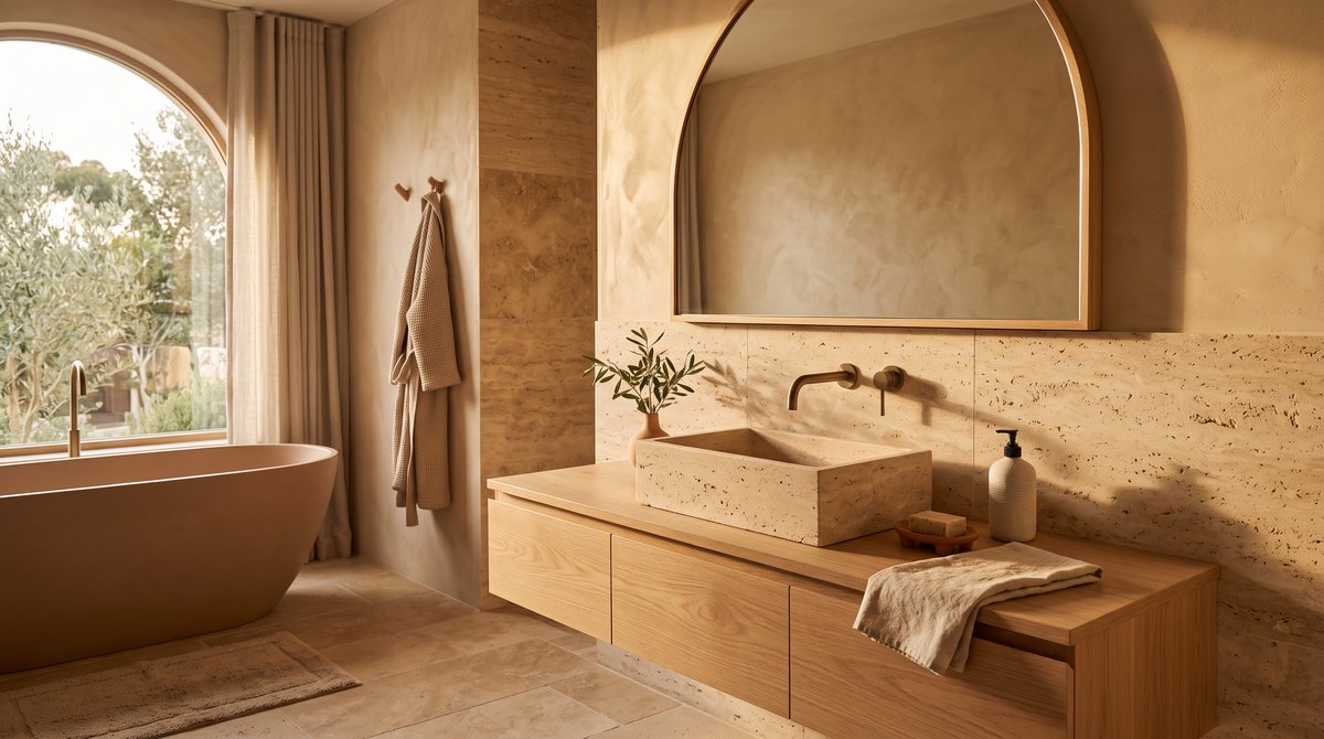 Salle de bain en travertin et enduits sable, ambiance tendance 2026