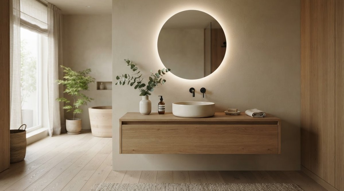 Salle de bain japandi, meuble bois clair suspendu, vasque ronde et miroir rétroéclairé