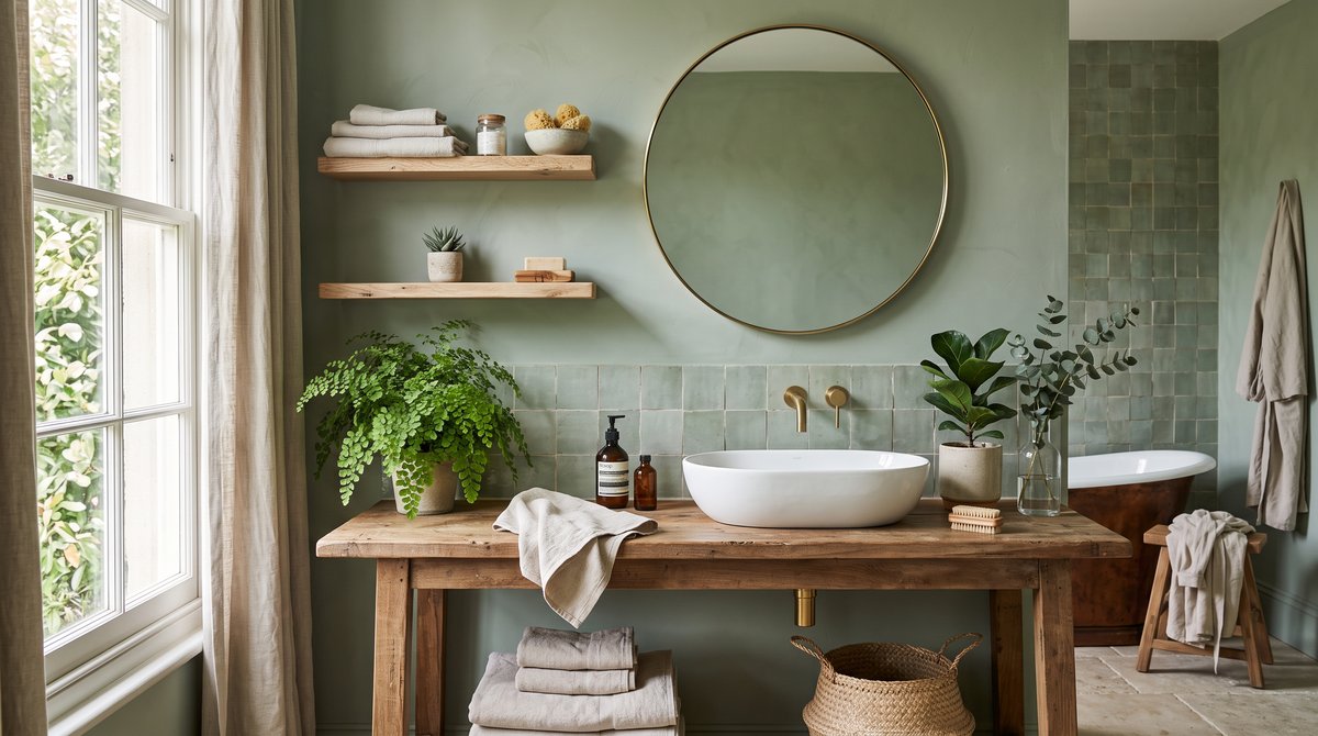 Salle de bain aux murs vert sauge, zellige artisanal et meuble en bois brut